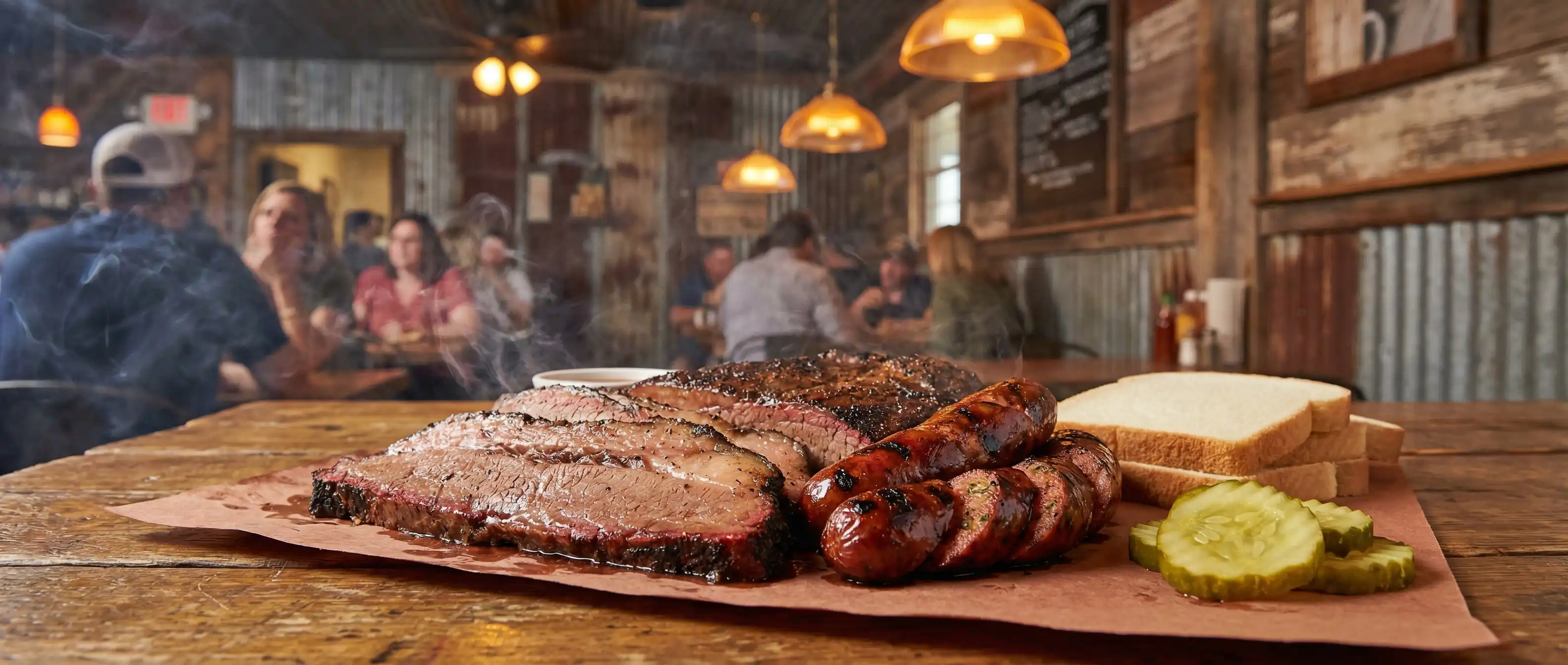 Texas BBQ brisket and sausage on butcher paper with pickles and white bread at an Austin barbecue restaurant