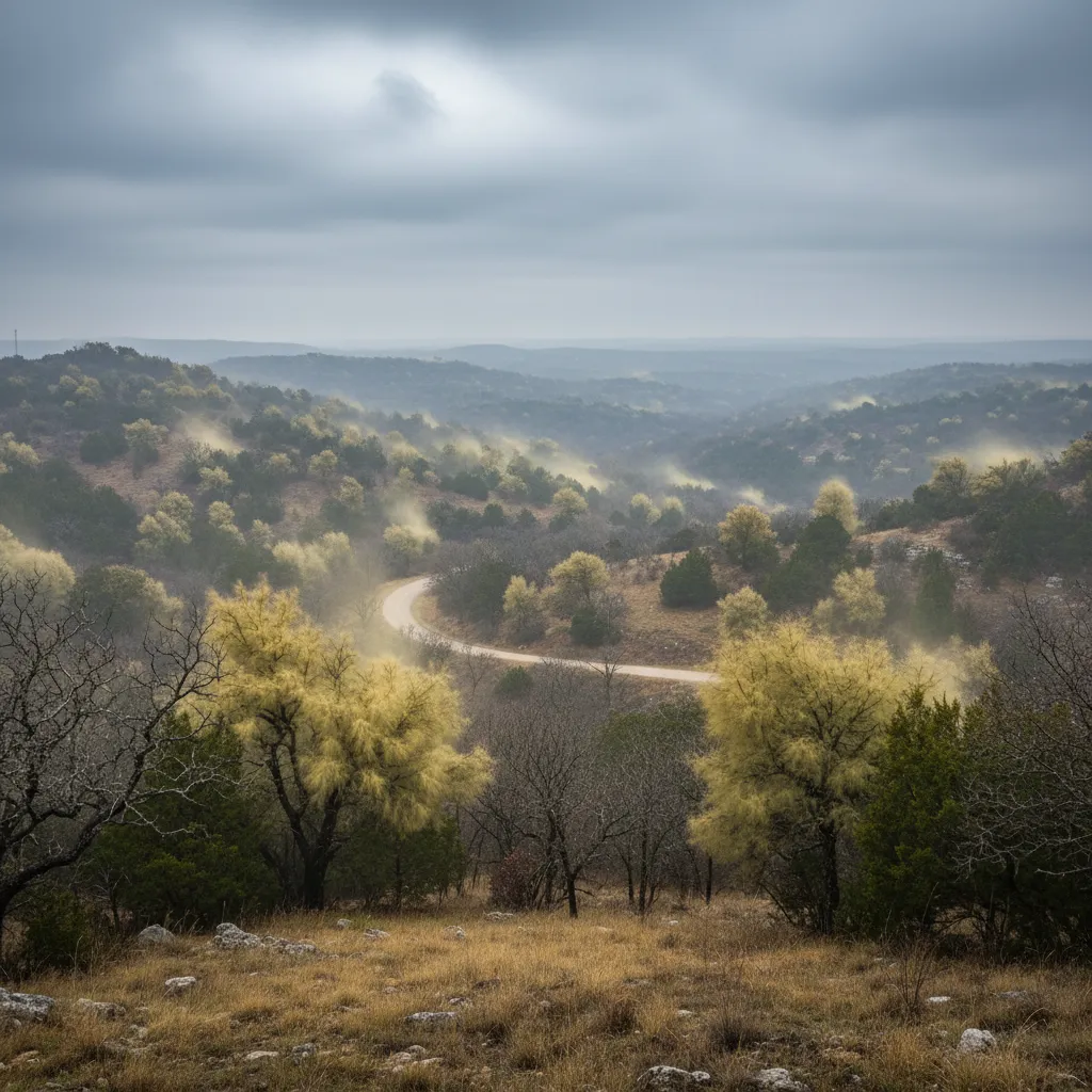 Yellow-green cedar trees and a drifting yellow haze across a Texas Hill Country valley under heavy gray clouds, with a pale road curving through the scrub
