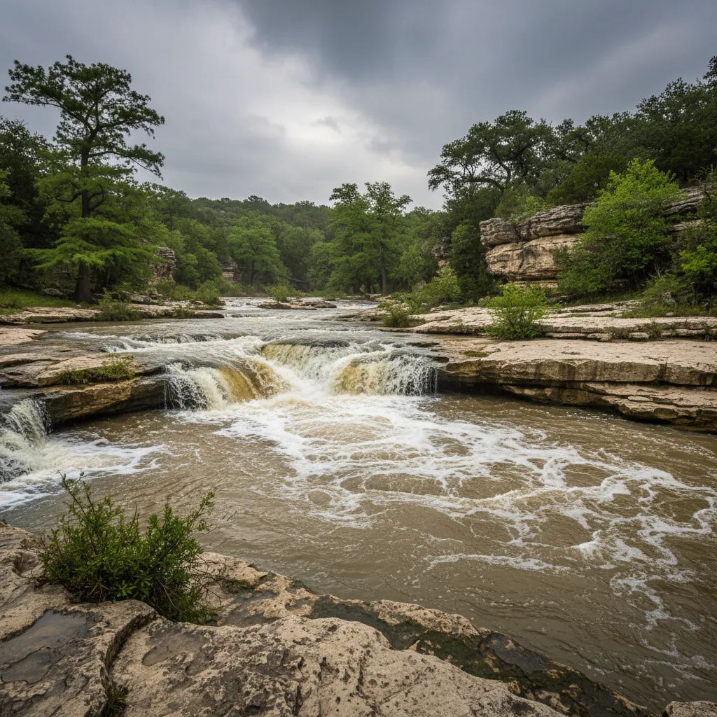 Muddy brown creek water rushing over limestone ledges and a low waterfall, with green oaks and cedars on the banks under a dark overcast sky