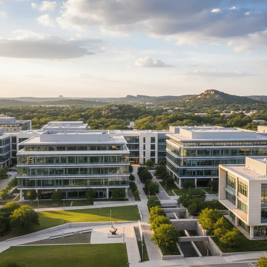 Modern glass and concrete office buildings with landscaped lawns and walkways, wooded hills and a flat-topped rise on the horizon under a pale evening sky