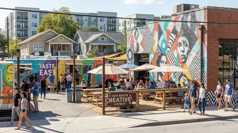 East Austin creative district with colorful food trucks, street art murals, and diverse young professionals