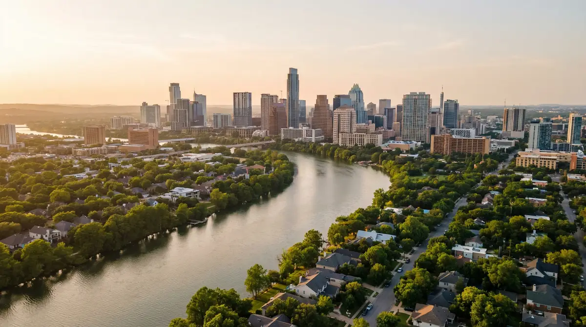 Aerial view of Austin skyline with Lady Bird Lake and tree-lined residential neighborhoods at golden hour