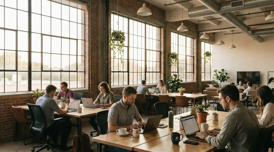 Remote workers at laptops in a bright Dallas coworking space with exposed brick walls