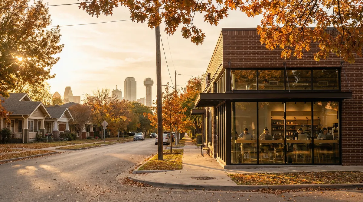Tree-lined Dallas residential street with coffee shop and downtown skyline in the background