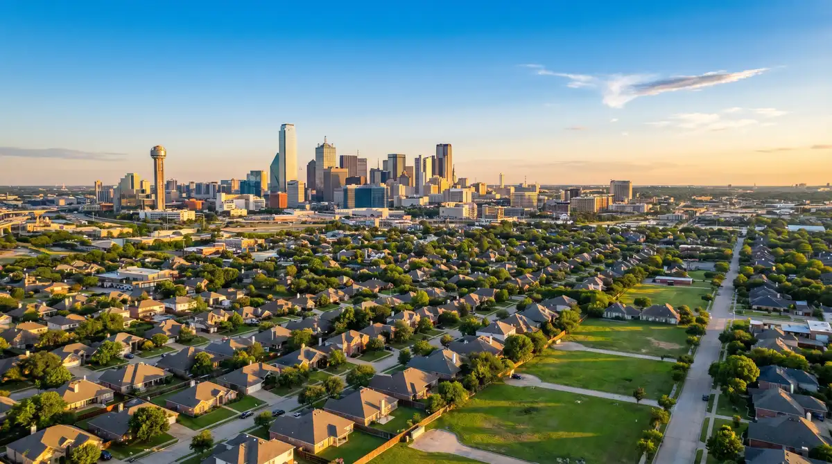 Dallas skyline with suburban neighborhoods in foreground