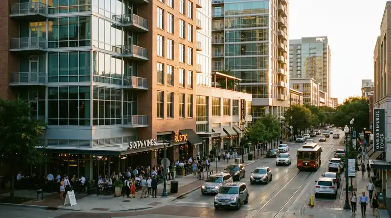Uptown Dallas high-rise apartments and restaurants along McKinney Avenue