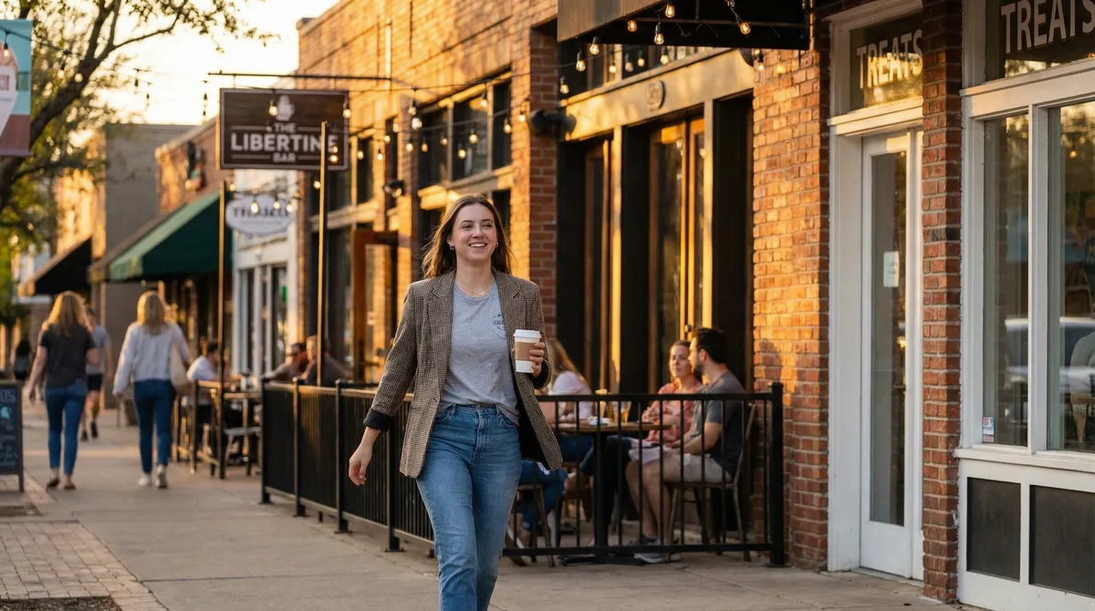 Young professional walking through Lower Greenville in Dallas at golden hour with local restaurants and boutiques lining the street