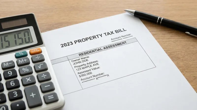 Property tax assessment document on desk with calculator showing Dallas County tax calculations