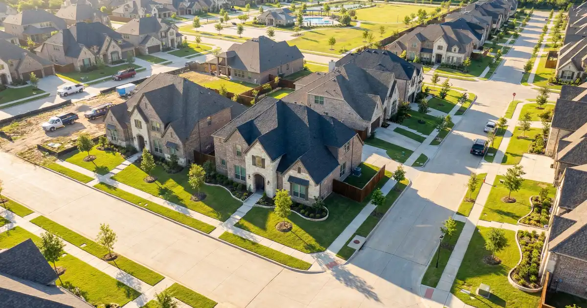 Suburban Dallas neighborhood with new construction homes and manicured lawns — where property tax bills surprise newcomers most