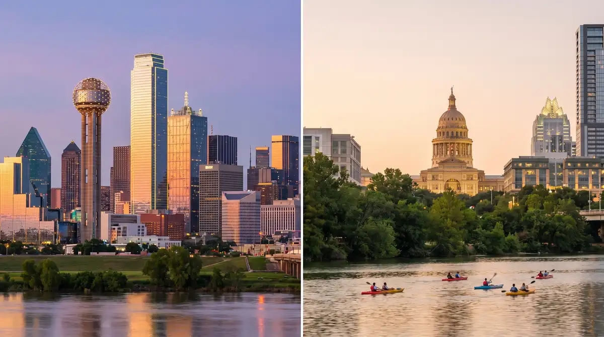 Split view comparing Dallas skyline and Austin skyline