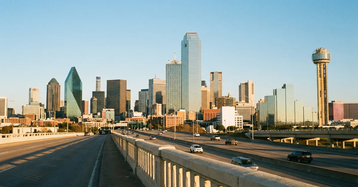 Downtown Dallas office towers seen from a highway overpass — the job market newcomers are betting on