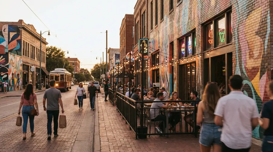 Deep Ellum street art murals and neon signs along Elm Street in Dallas at dusk