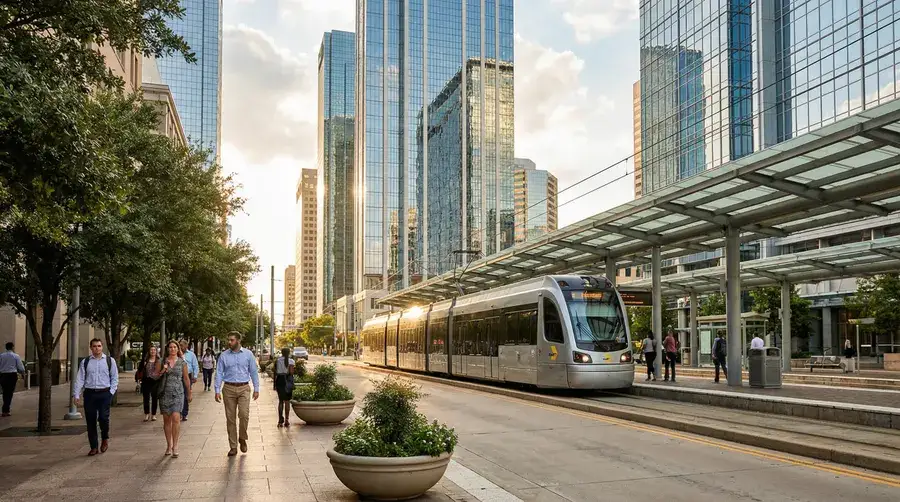 Downtown Dallas skyline with DART light rail train at a station platform