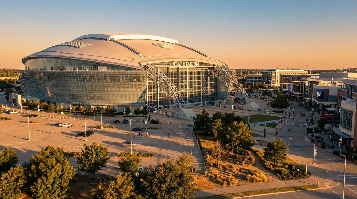 AT&T Stadium in Arlington Texas lit up at golden hour before a World Cup 2026 match