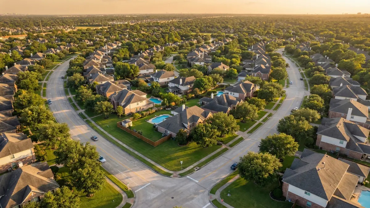 Tree-lined Houston suburban street with family homes and green lawns in warm afternoon light