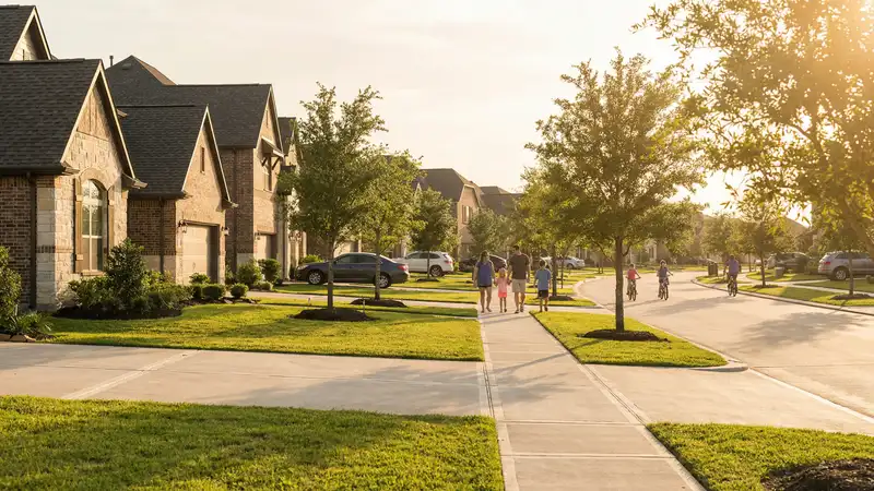 New family homes with green lawns in a Houston suburb like Katy or Sugar Land