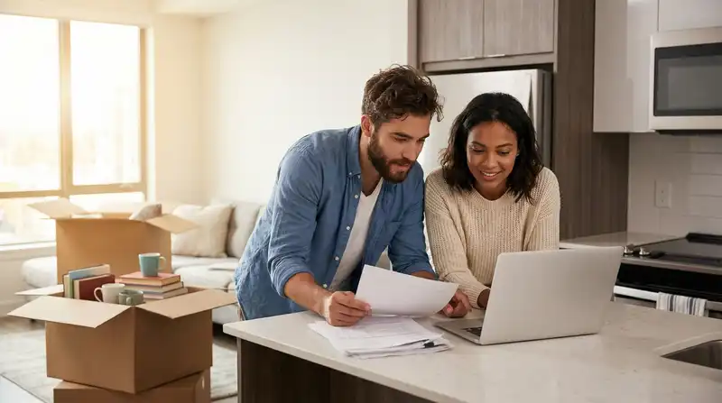 Couple researching houston vs dallas cost of living on laptop before relocating to Texas