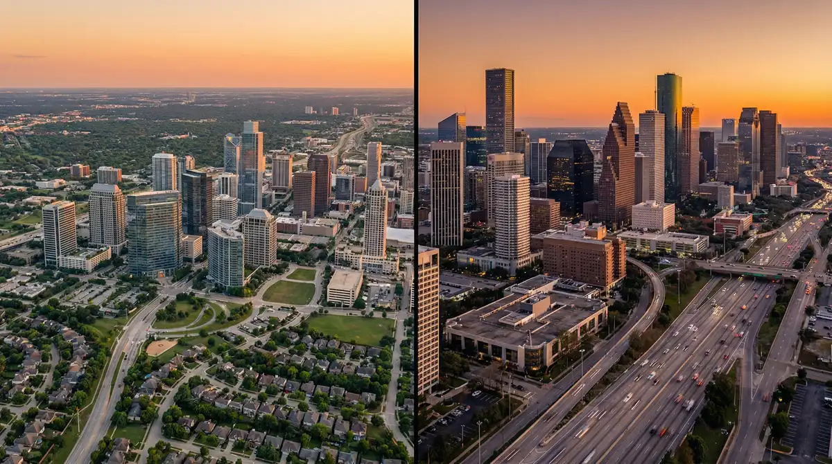 Split view of Houston and Dallas skylines — houston vs dallas cost of living comparison 2026