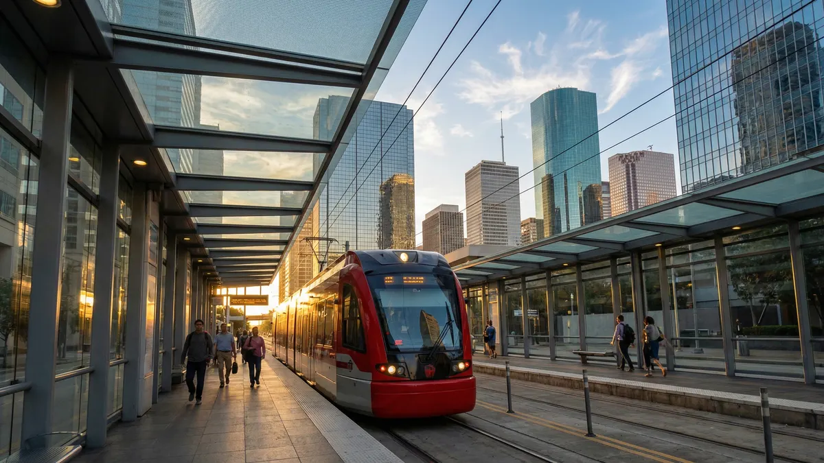 Houston METRORail Red Line train at a downtown station with city skyline at golden hour