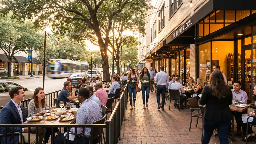 Houston Midtown outdoor dining patios and walkable sidewalks at golden hour