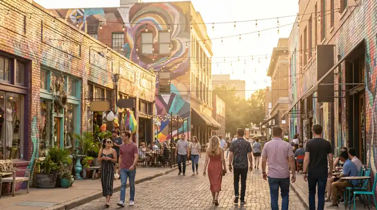 Colorful murals and pedestrians on a Deep Ellum street in Dallas