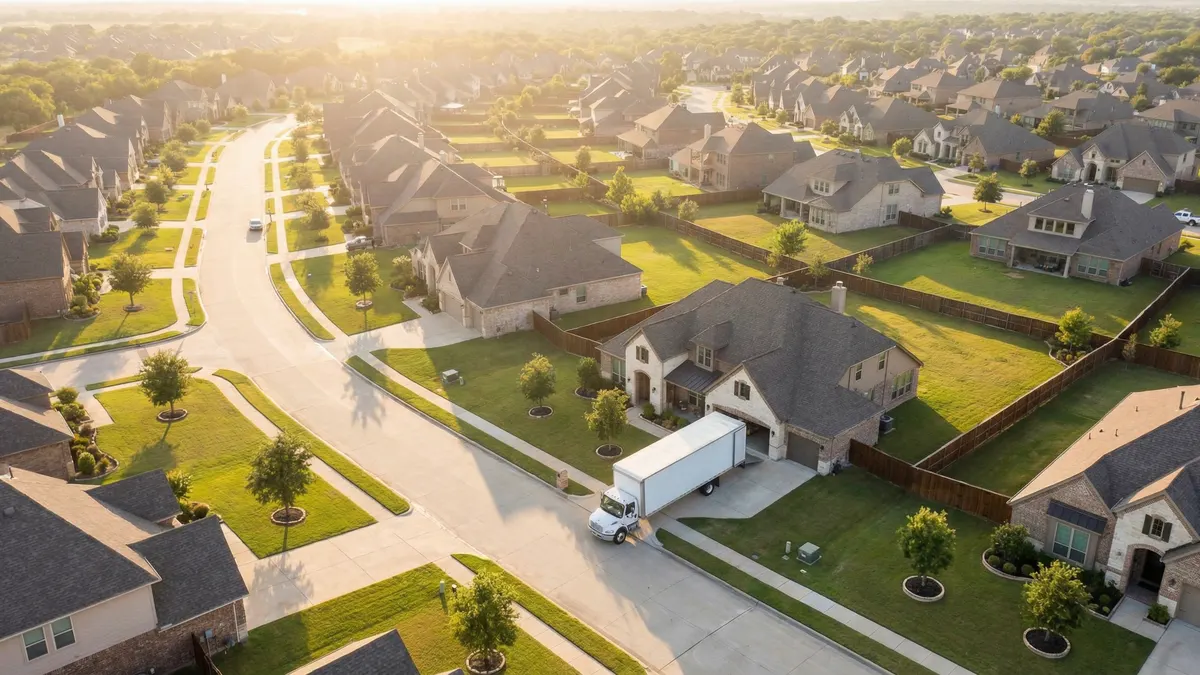 Moving from California to Texas — suburban neighborhood at golden hour with moving truck in driveway