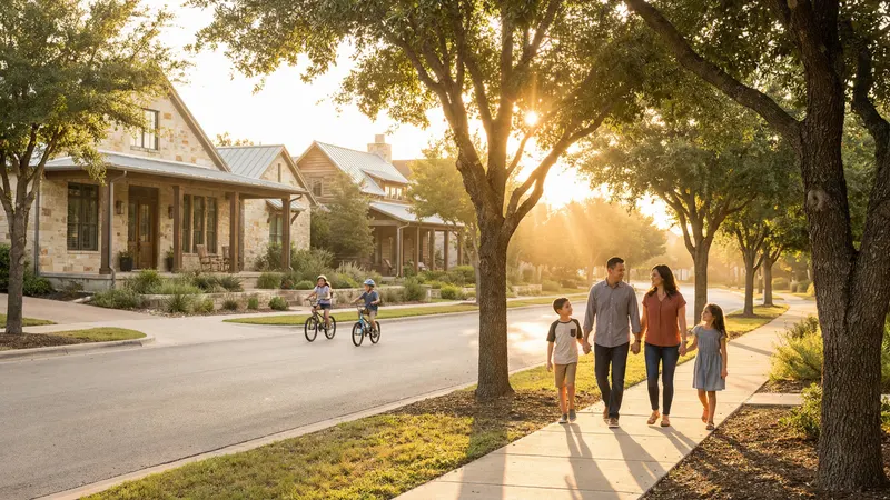 Family walking through tree-lined Texas suburban neighborhood at golden hour