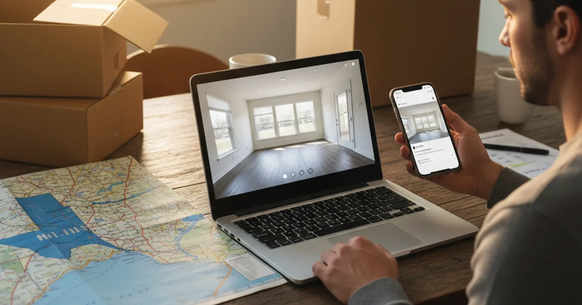 Moving sight unseen in Texas: renter taking a live video apartment tour on the laptop beside a folded Texas road map