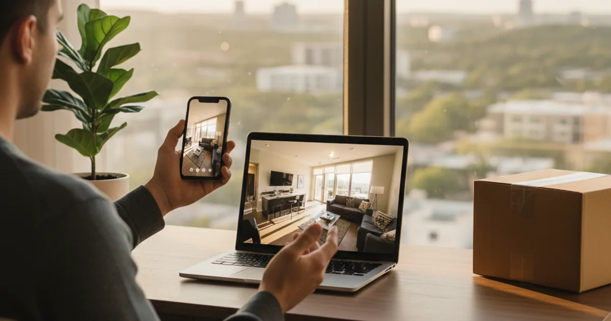 Moving to Austin sight unseen: renter taking a live video apartment tour on a laptop, Austin skyline and hills outside