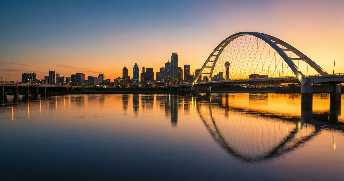 Dallas skyline at golden hour with Margaret Hunt Hill Bridge — the first landmark newcomers see arriving from the west