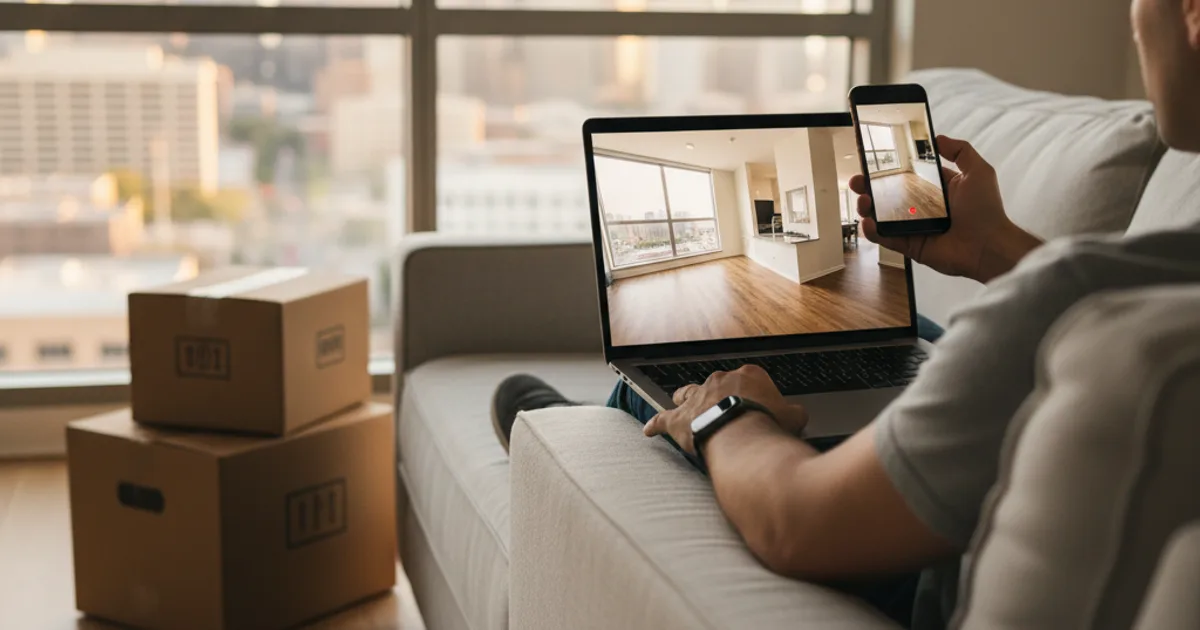 Moving to Dallas sight unseen: renter taking a live video apartment tour on a laptop, Dallas skyline beyond the window