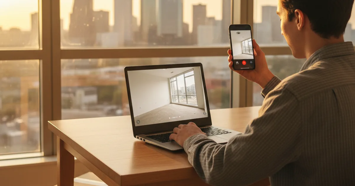 Moving to Houston sight unseen: renter taking a live video apartment tour on a laptop, Houston skyline through the window