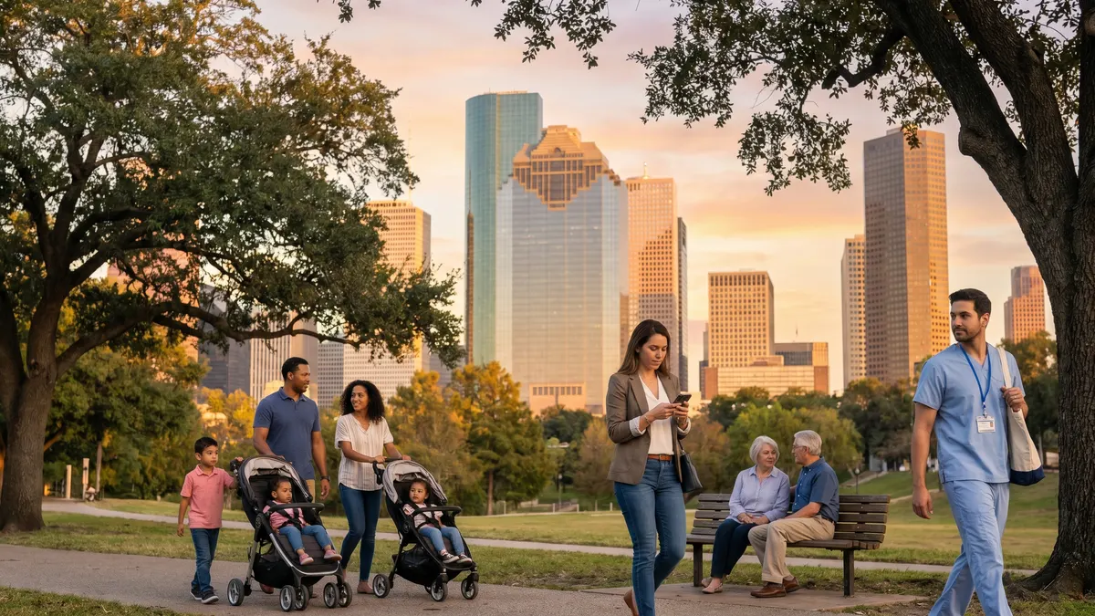 Houston skyline at golden hour with diverse residents in a tree-lined park, illustrating relocation pros and cons