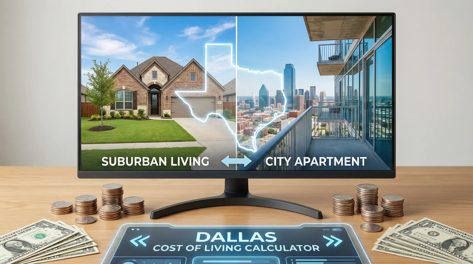 Cost of Living calculator concept for Dallas Texas with financial planning elements