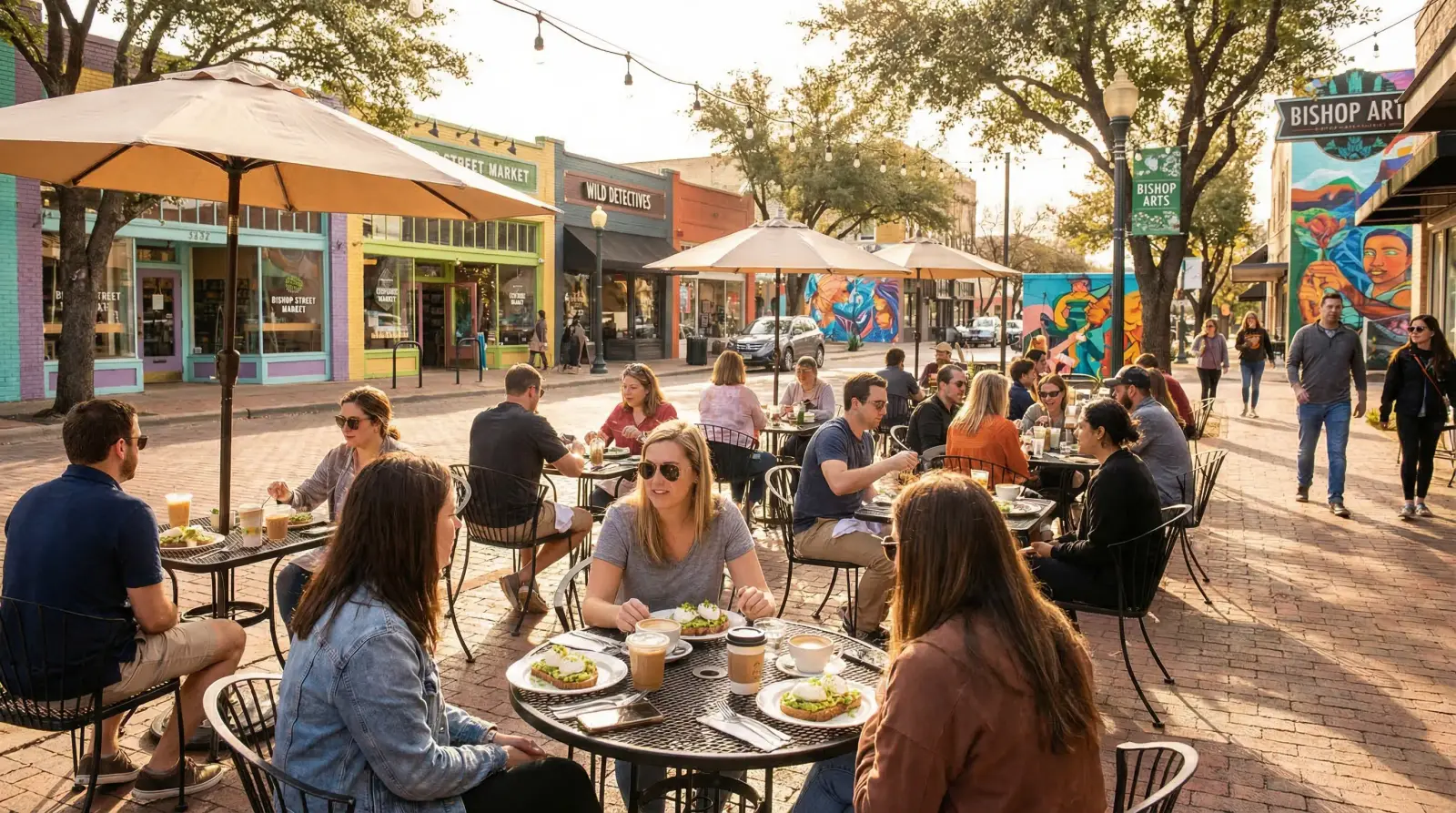Weekend brunch at Bishop Arts District Dallas — outdoor patio dining with colorful storefronts and murals in Oak Cliff neighborhood