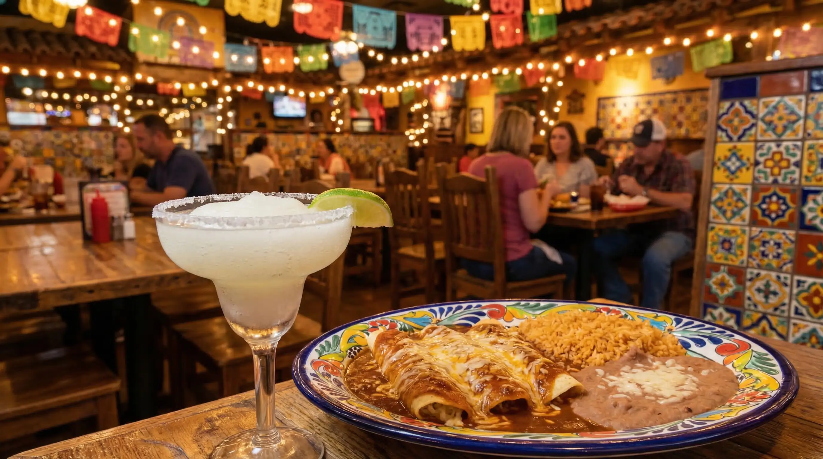 Classic Tex-Mex restaurant in Dallas — frozen margarita with salt rim and enchiladas with chili gravy rice and beans on colorful ceramic plate