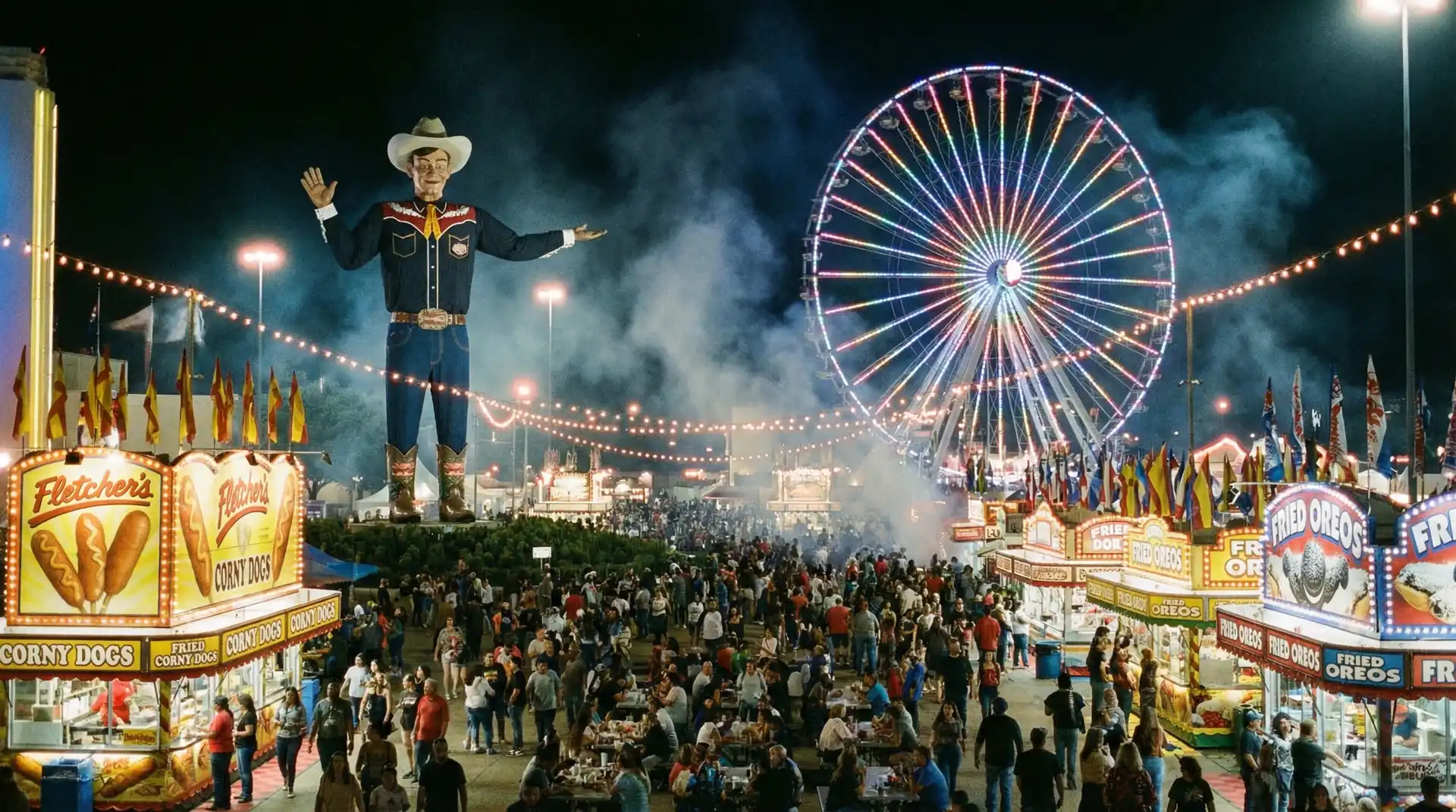 State Fair of Texas at night with Big Tex cowboy statue, Ferris wheel, and festive crowds