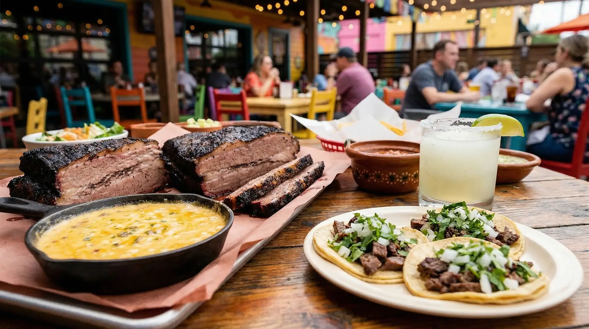 Texas BBQ brisket and Tex-Mex tacos with queso and margaritas at a Dallas restaurant