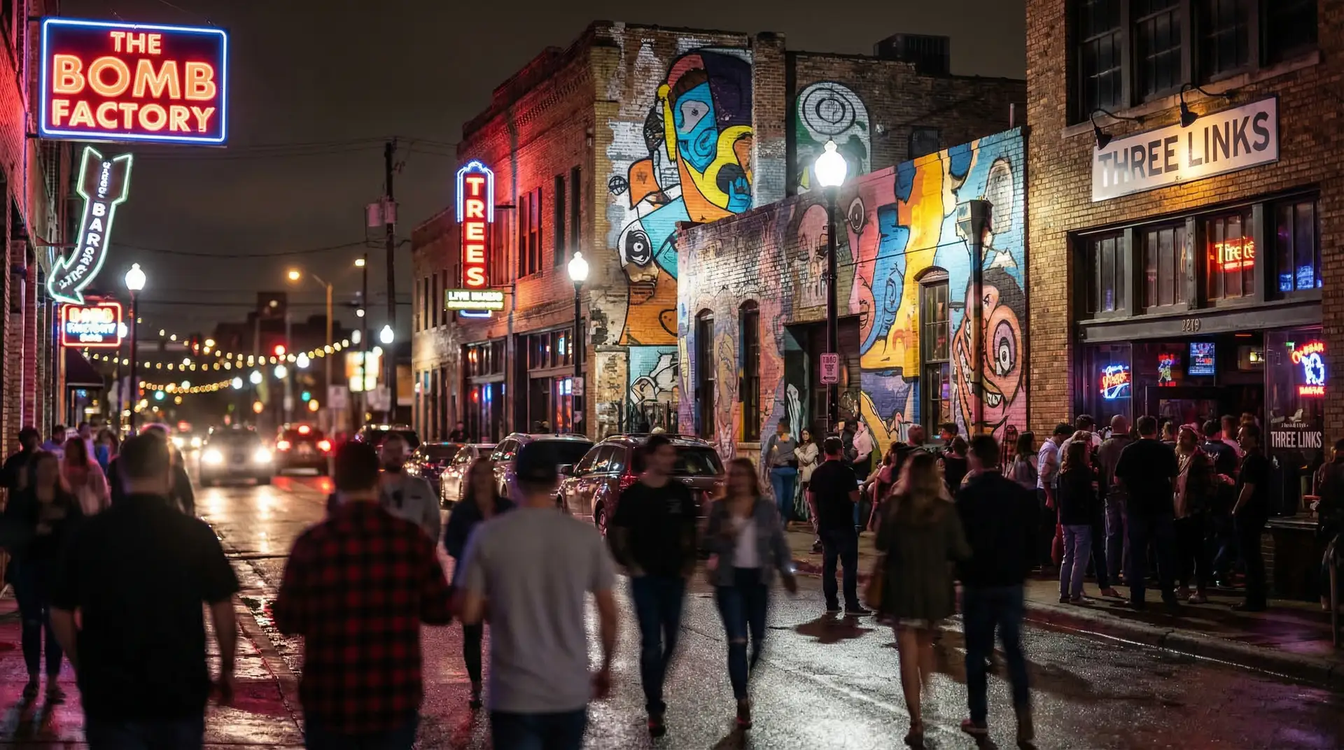 Deep Ellum Dallas nightlife with neon signs, street murals, and live music venues at night
