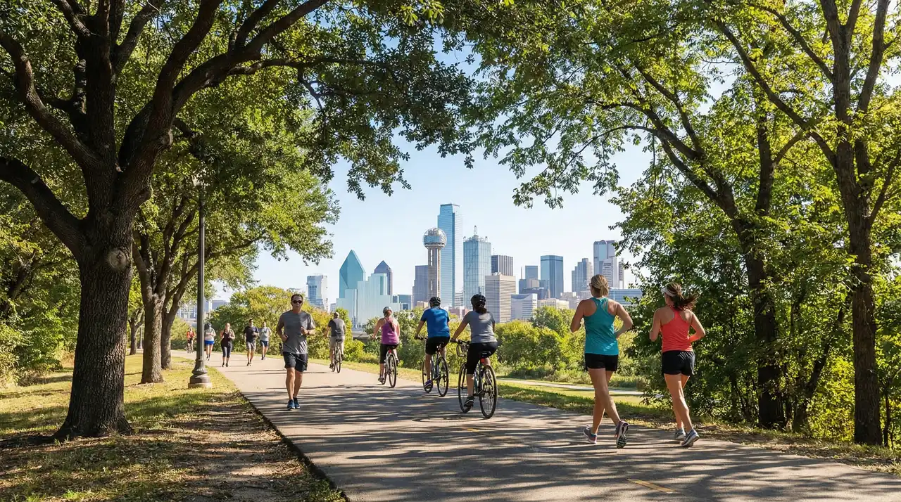 Katy Trail Dallas with joggers and cyclists enjoying the urban greenway with city skyline backdrop