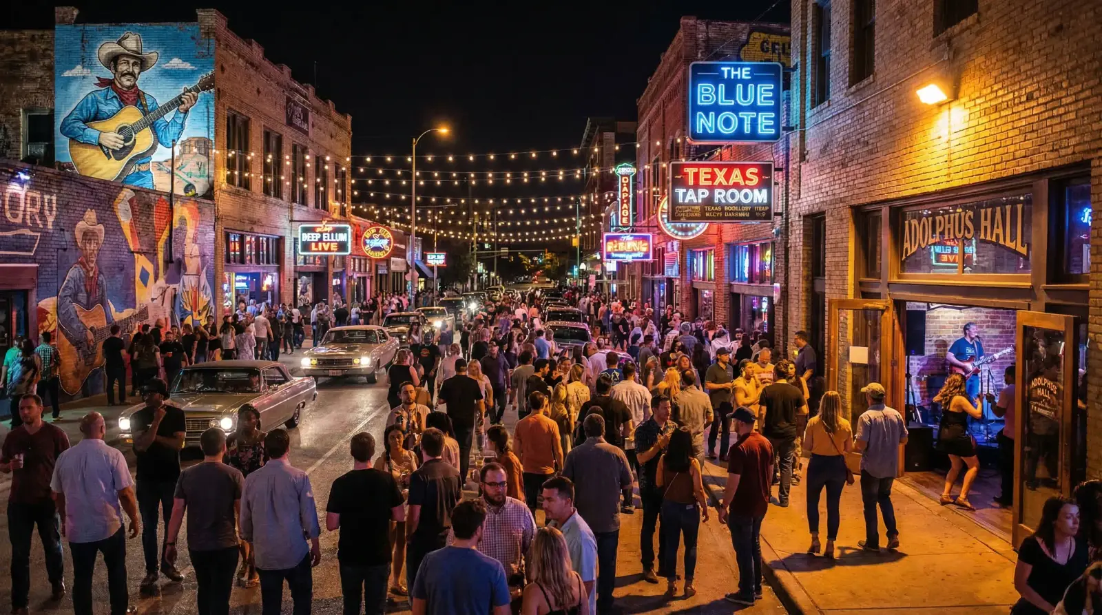 Deep Ellum Dallas entertainment district at night — crowds on Elm Street with neon bar signs, live music venues, and large-scale murals on brick walls
