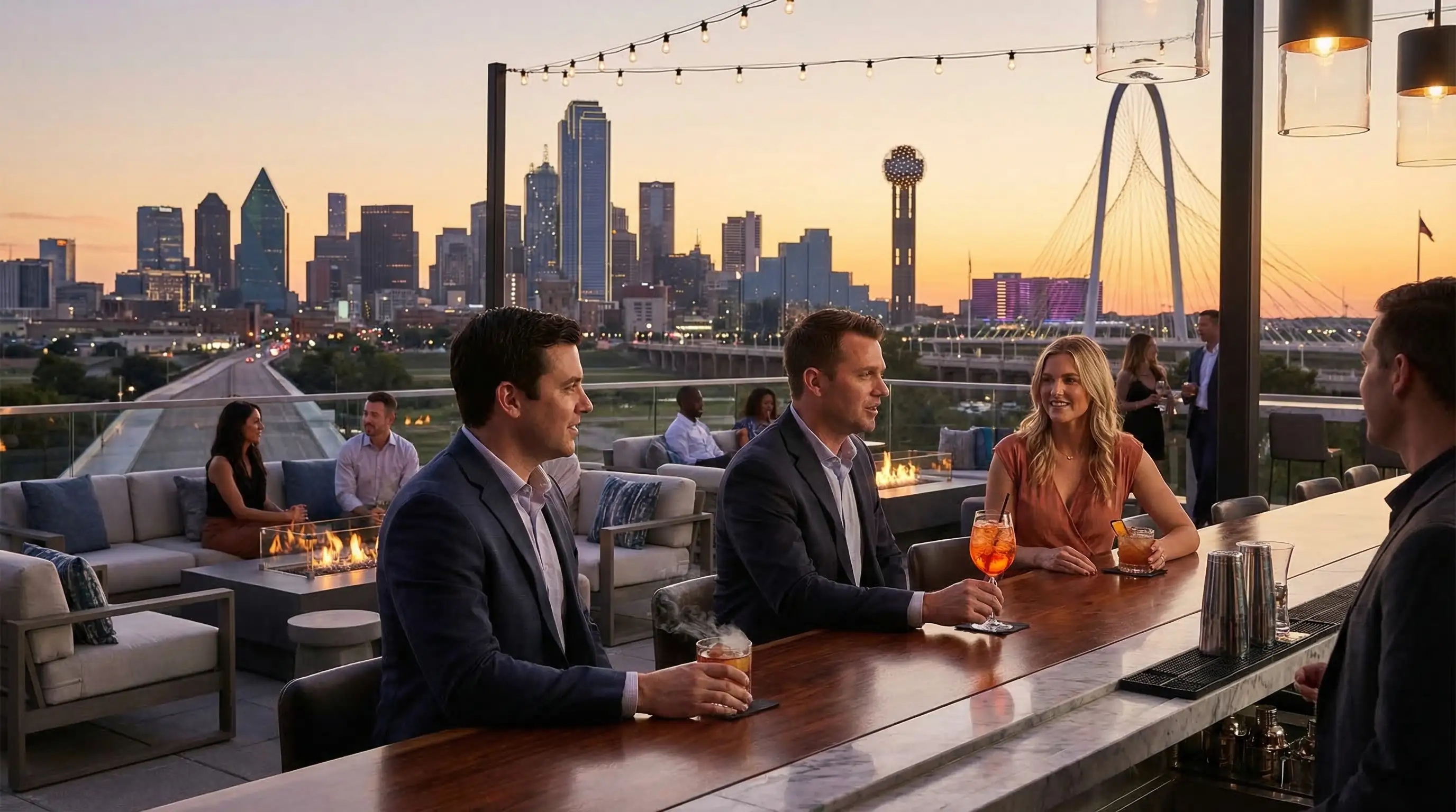 Uptown Dallas rooftop cocktail bar at golden hour — outdoor terrace with panoramic skyline views, craft cocktails, fire pits, and well-dressed patrons
