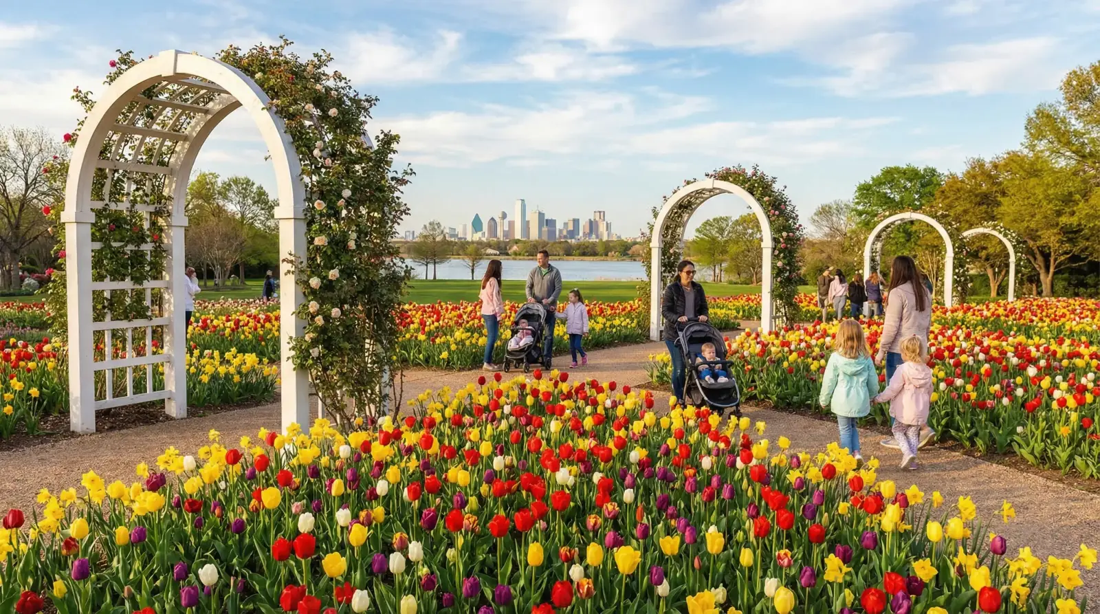 Dallas Arboretum spring blooms — thousands of colorful tulips and daffodils filling the gardens with white arch trellises, White Rock Lake and Dallas skyline beyond