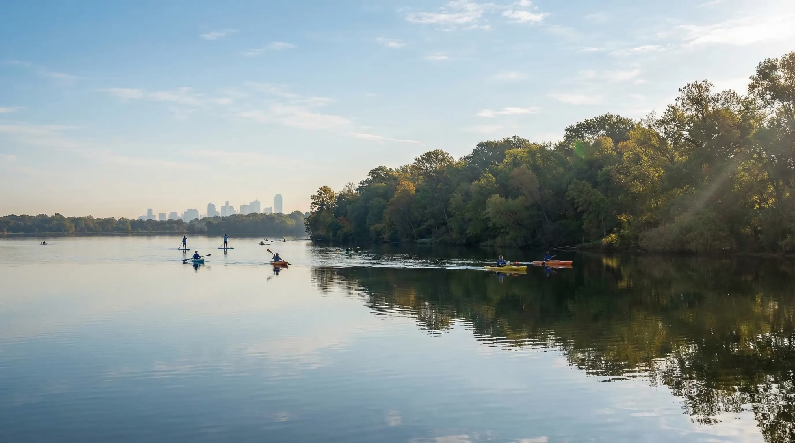 White Rock Lake Dallas — kayakers and paddleboarders on calm water with autumn tree-lined shores and Dallas skyline in the background