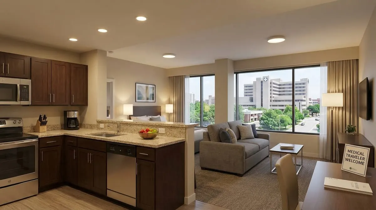 Extended stay hotel suite near Baylor Dallas with full kitchen, living area, and hospital view — ideal for transplant patient housing