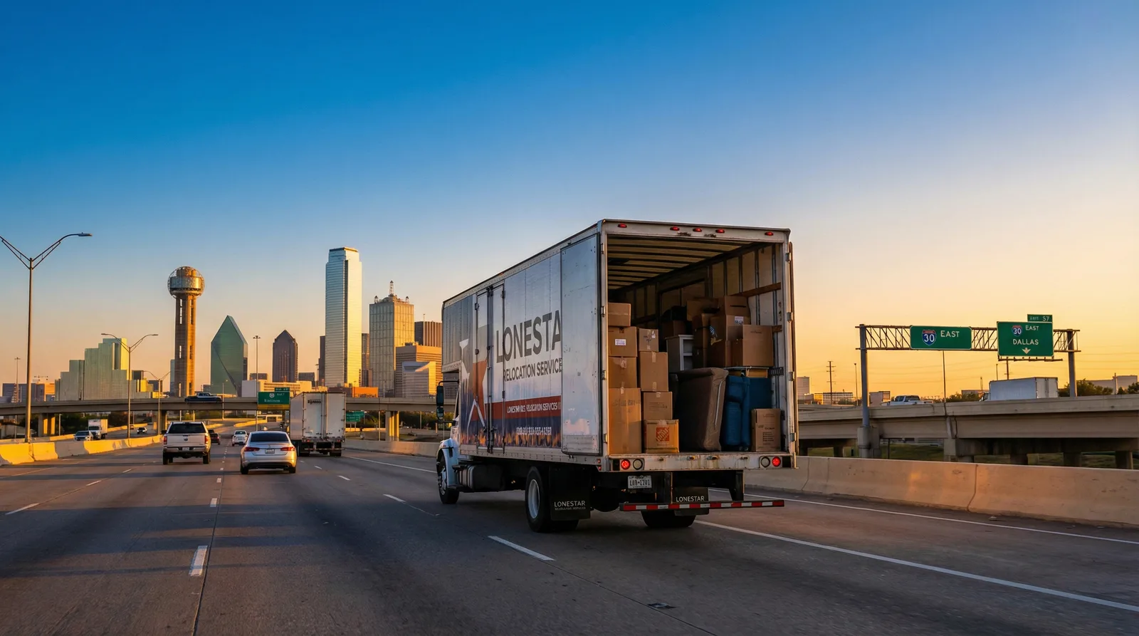 Moving truck driving on a Dallas-Fort Worth highway with DFW skyline visible in the background on a sunny day
