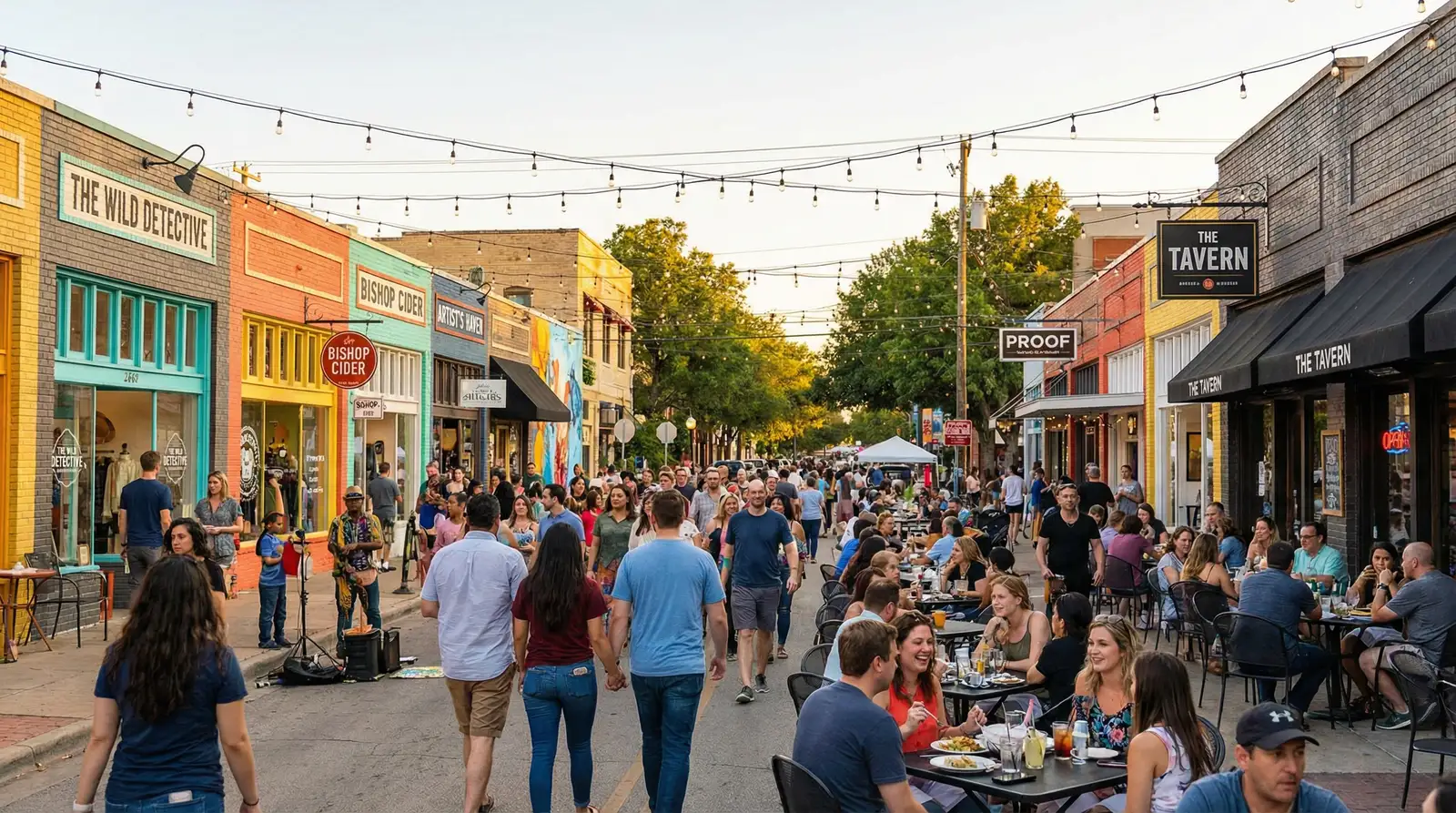 Bishop Arts District Dallas walkable streets with colorful murals, local boutiques, and diverse crowds browsing
