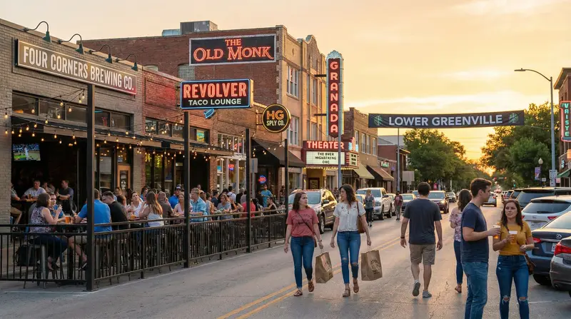 Lower Greenville Dallas walkable nightlife street with craft beer bars, restaurant patios, and young professionals