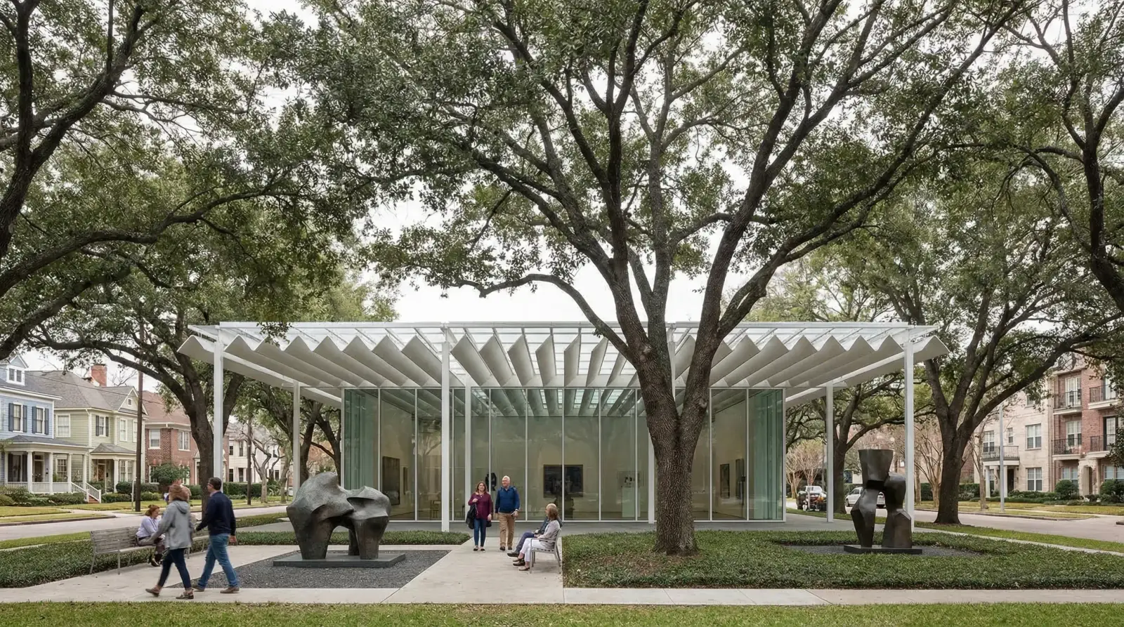 Menil Collection Houston — Renzo Piano museum building with distinctive white roof louvers, sculpture garden with visitors, and mature oak trees in the Montrose neighborhood campus