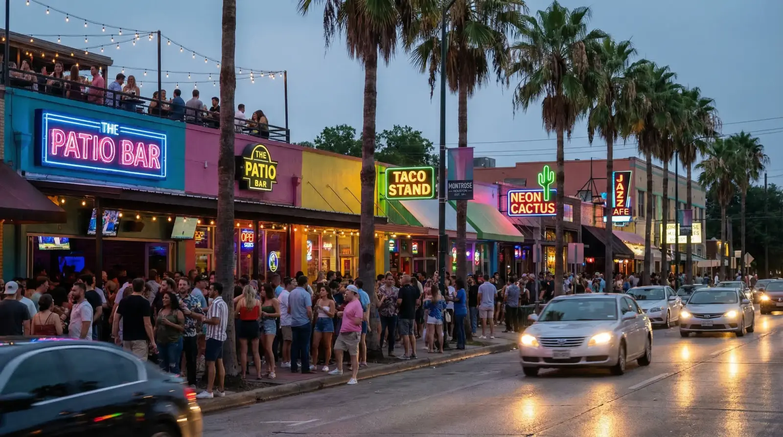 Montrose Houston nightlife — vibrant bar strip at night with neon signs, palm trees, and diverse crowd on sidewalk outside colorful bars and restaurants